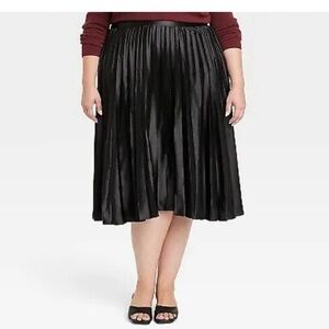 Women's Pleated Satin Midi A-Line Skirt  - Ava & Viv Black 2X
